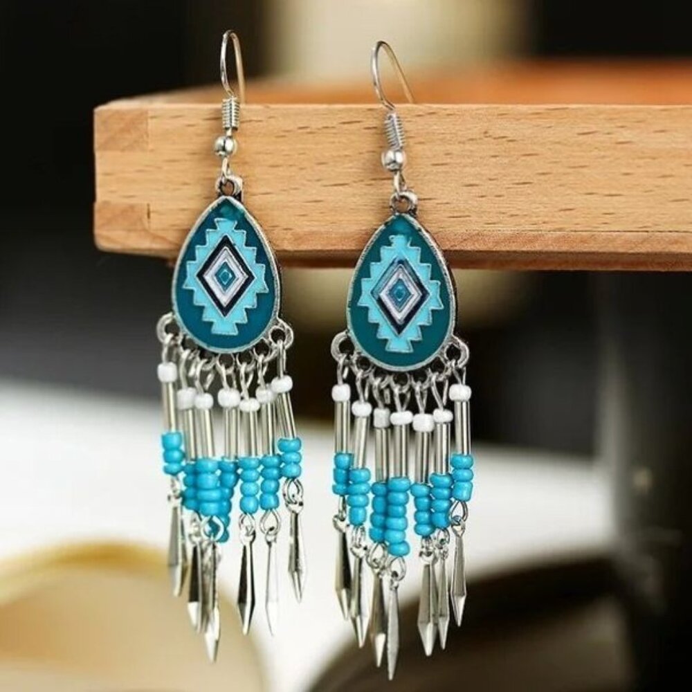 Teal Boho Tribal Beaded Dangle Earrings Gypsy Ethnic Festival Jewelry Gift